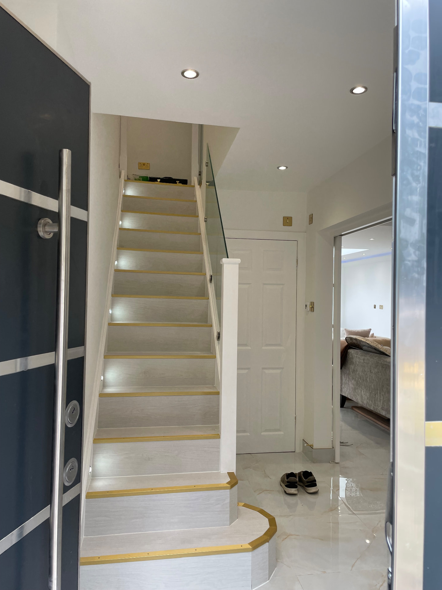 Completed staircase with integrated step lighting