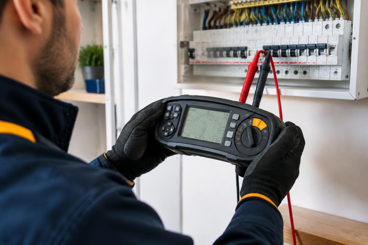 Electrician carrying out an EICR inspection with an electrical installation tester