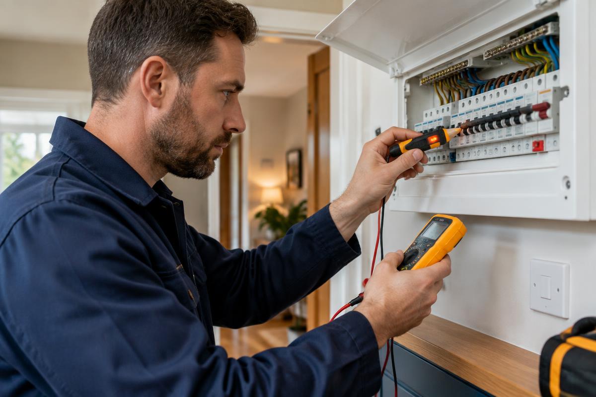 Electrician fault finding at a consumer unit with a voltage tester